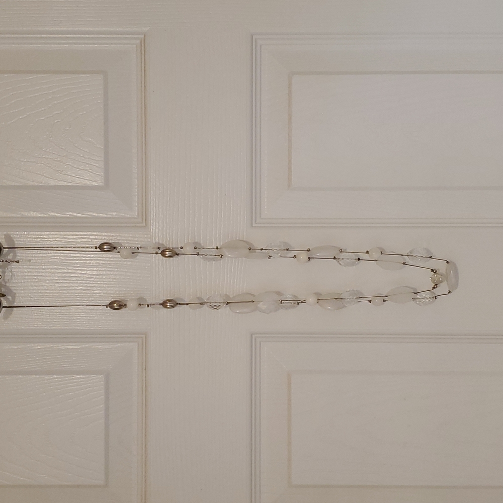 New York & Co, double strand necklace with silver, clear, and white beads.